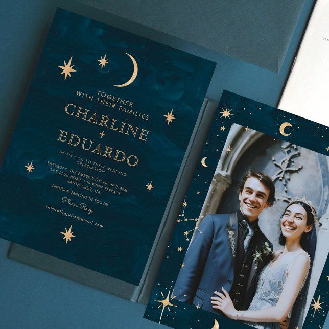 Gold Stars Moon Indigo Celestial Foto Hochzeit Einladung (Von Creator hochgeladen)
