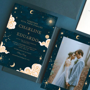 Gold Stars Moon Indigo Celestial Foto Hochzeit Einladung