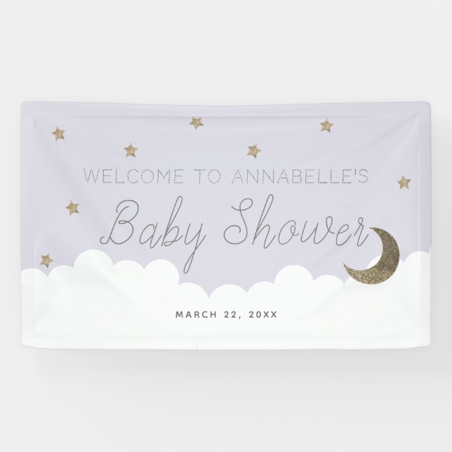 Gold Stars & Moon Lilac Baby Duschbanner Banner (Horizontal)