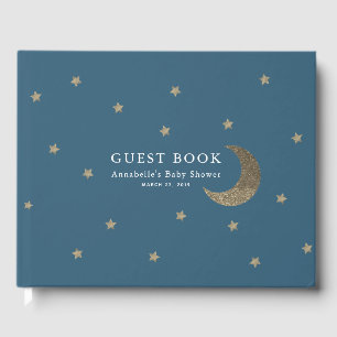 Gold Stars & Moon Navy Blue Baby Shooting Guest Bo Gästebuch