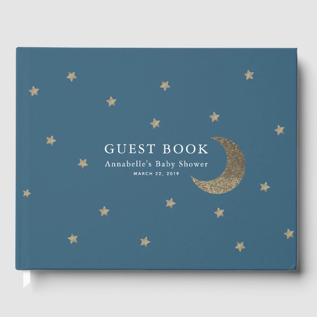 Gold Stars & Moon Navy Blue Baby Shooting Guest Bo Gästebuch (Vorderseite)