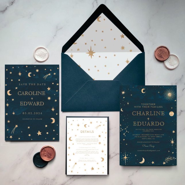 Gold Stars Moon Navy Celestial All in One Wedding Einladung (Von Creator hochgeladen)