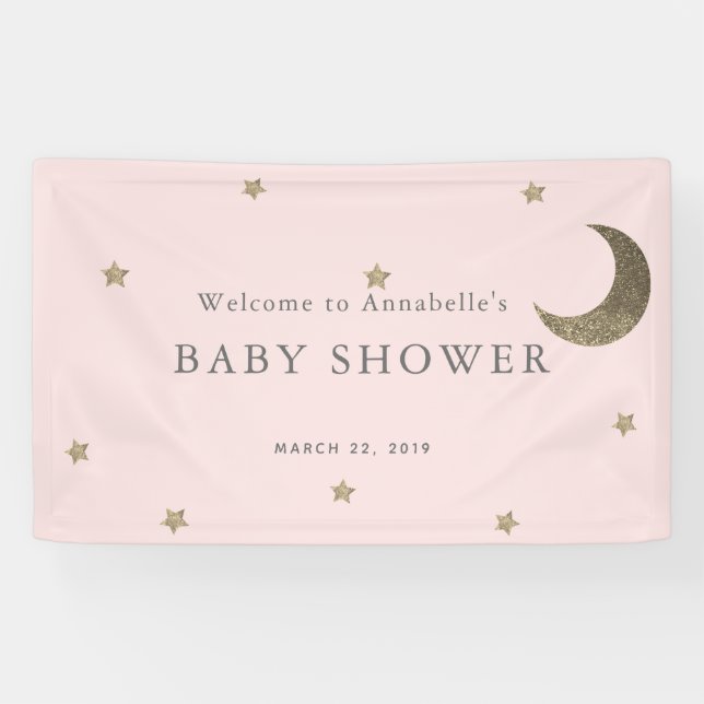 Gold Stars & Moon Pink Baby Duschbanner Banner (Horizontal)