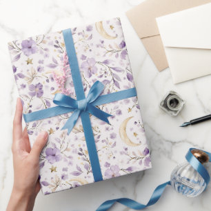 Gold Stars Moon Purple Blumen Geburtstag Geschenkpapier