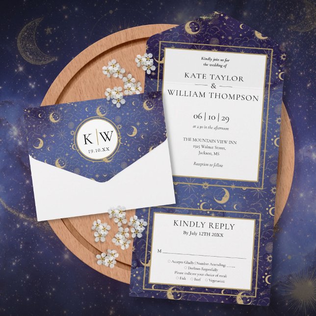 Gold Stars Moon Stars Celestial Spiritual Wedding All In One Einladung (Gold Stars Moon Stars Celestial Spiritual Wedding All In One Invitation)