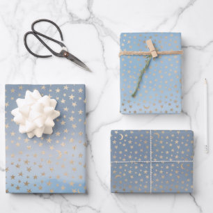 Gold Stars Moons Blue Ombre Geschenkpapier Set