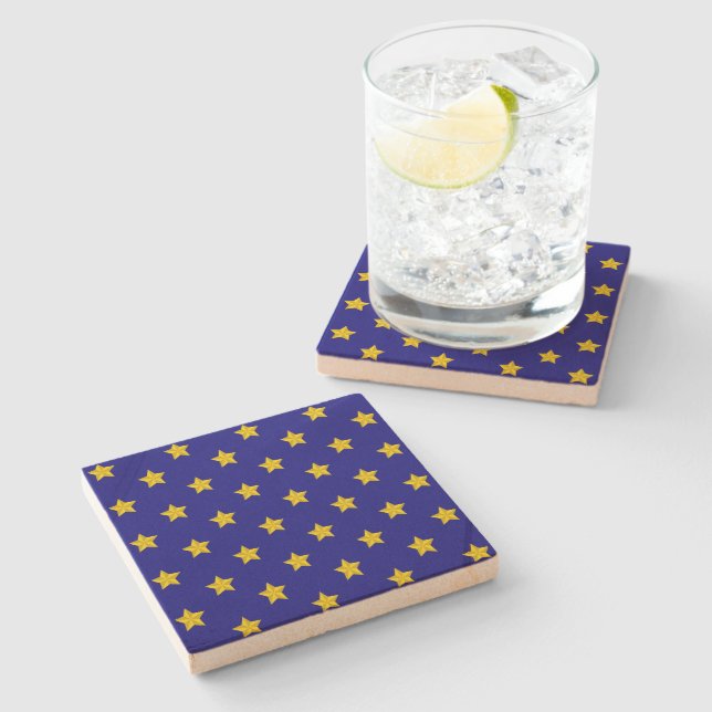 Gold Stars Muster, Navy Blue, Exklusiv Steinuntersetzer (Seitenansicht)