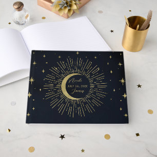 Gold Stars Night Celestist Sunburst Moon Gästebuch