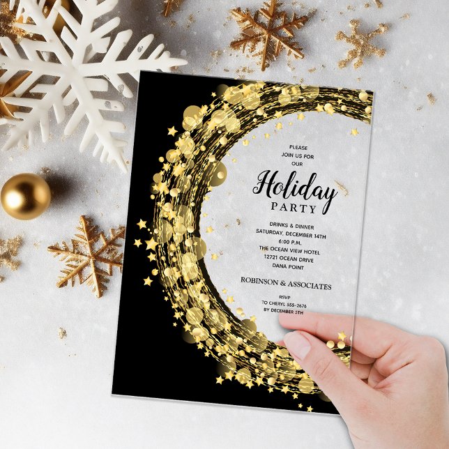 Gold Stars on Black Christmas Holiday Acryleinladungen (Gold twinkling stars on black ACRYLIC Christmas Holiday party invitations)