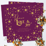Gold Stars Peace Love and Joy Simple Elegant Plum Feiertagskarte<br><div class="desc">Modern and elegant personalized holiday card,  decorated with gold stars and lettered in script calligraphy and festive typography. Simple minimal typography design framed with an abundance of golden stars. The template is ready for you to personalize the greeting and add your name(s).</div>