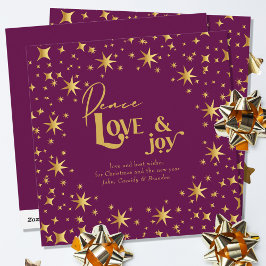 Gold Stars Peace Love and Joy Simple Elegant Plum Feiertagskarte