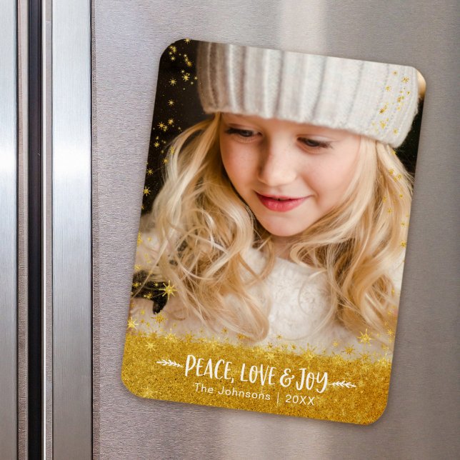 Gold Stars "Peace Love Joy" Custom Holiday Foto Magnet (Von Creator hochgeladen)