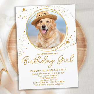 Gold Stars Personalisiertes Tier Foto Hund Geburts Einladung