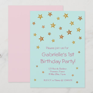 Gold Stars Pink Türkis Sweet Baby Kindergeburtstag Einladung