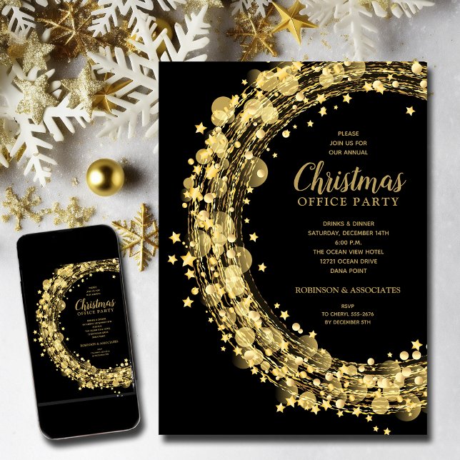Gold Stars Runden Weihnachtsfeiertage Einladungen (Gold star wreath on Black Christmas party invitations - INSTANT DOWNLOAD and/or PRINTED)