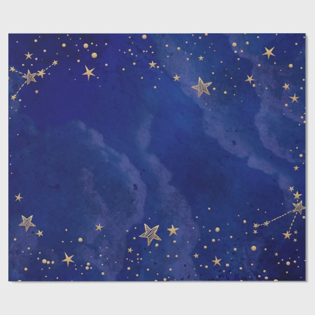 Gold Stars, Sky, Navy Blue, Ferien Geschenkpapier (Flach)