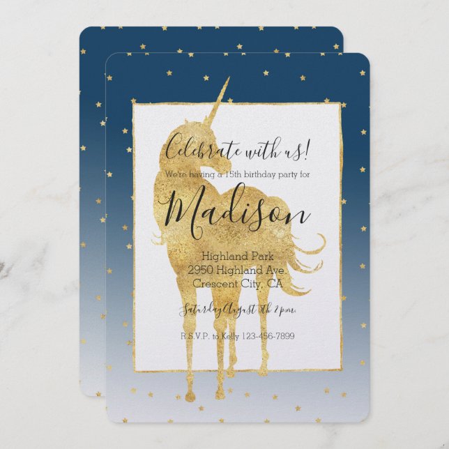 Gold Stars Sky Shine Bright Unicorn Ombre Birthday Einladung (Vorne/Hinten)