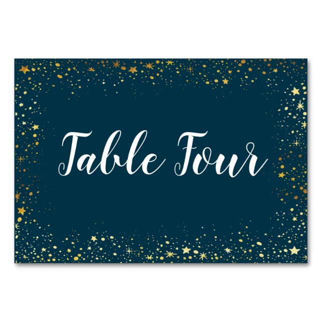Gold Stars Sparkle Navy Table Name Card Tischnummer (Vorderseite)