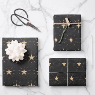 Gold Stars & Stardust auf Schwarz Geschenkpapier Set