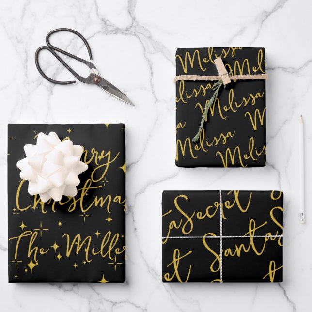 Gold Stars und Glitzern Personalisiert Black Geschenkpapier Set (Vorderseite)