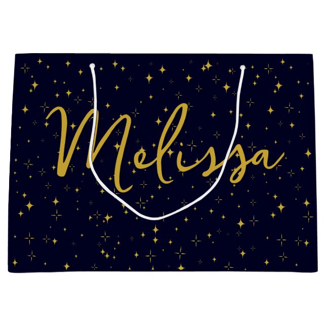 Gold Stars und Glitzern | Personalisiert Dunkelbla Große Geschenktüte (Vorderseite)
