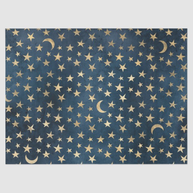 Gold Stars und Monde auf Blue Decoupage Seidenpapier (Vorderseite)