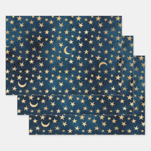 Gold Stars und Monde auf Blue Geschenkpapier Set
