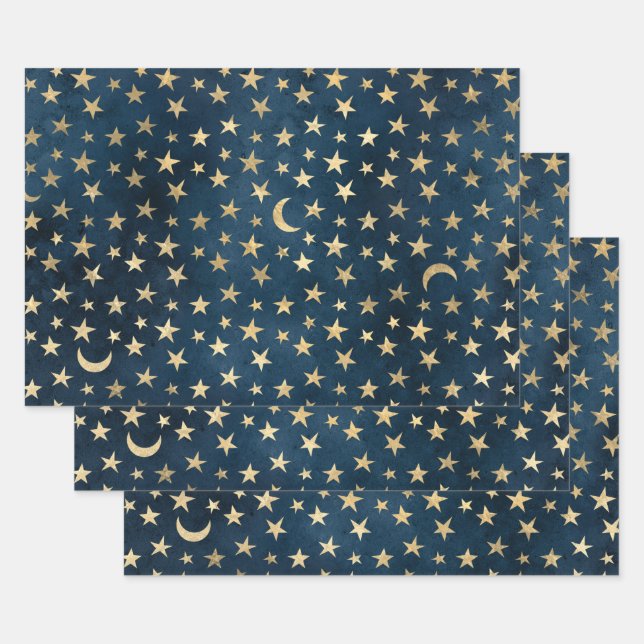 Gold Stars und Monde auf Blue Geschenkpapier Set (Set)