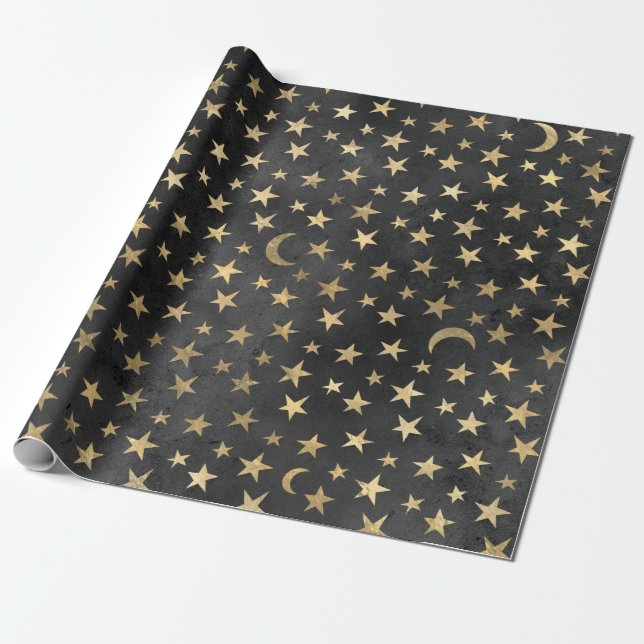 Gold Stars und Moons auf schwarz Geschenkpapier (Ungerollt)