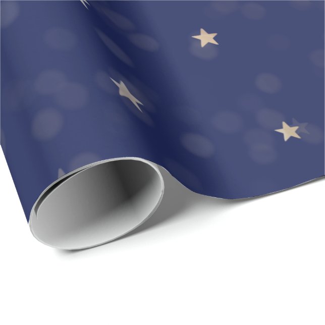 Gold Stars und Punkte auf blauem Wrapping Paper Geschenkpapier (Rolleneckpunkt)