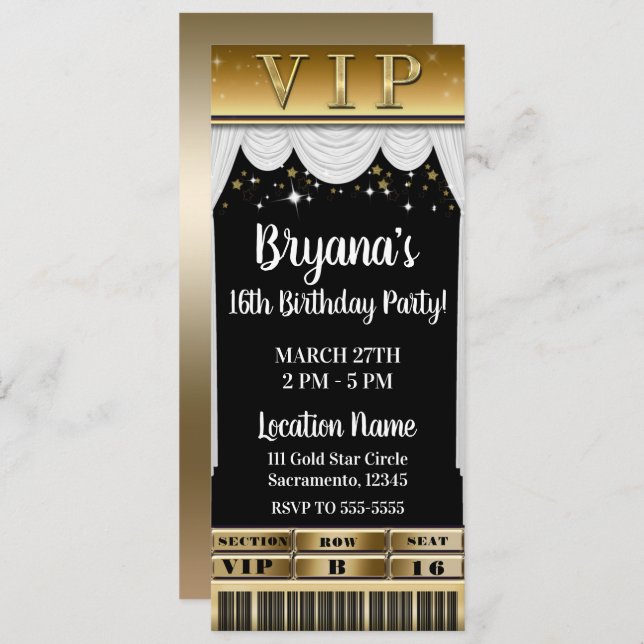 Gold Stars Weiße Vorhänge Elegantes Party VIP Tick Einladung (Vorne/Hinten)