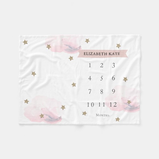 Gold Stars & Wolken Pink Girl Monthly Meilenstein Fleecedecke (Vorderseite (Horizontal))