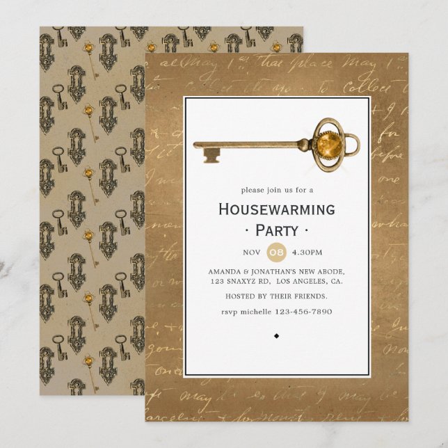Gold Steampunk Housewarming Party Einladung (Vorne/Hinten)