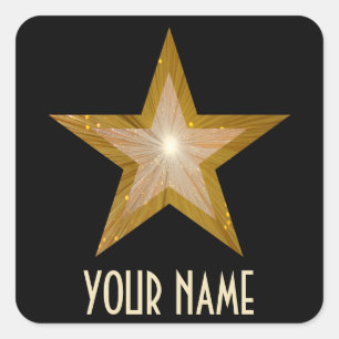 "Gold" Sterne "Ihr Name" eckiger Aufkleber schwarz