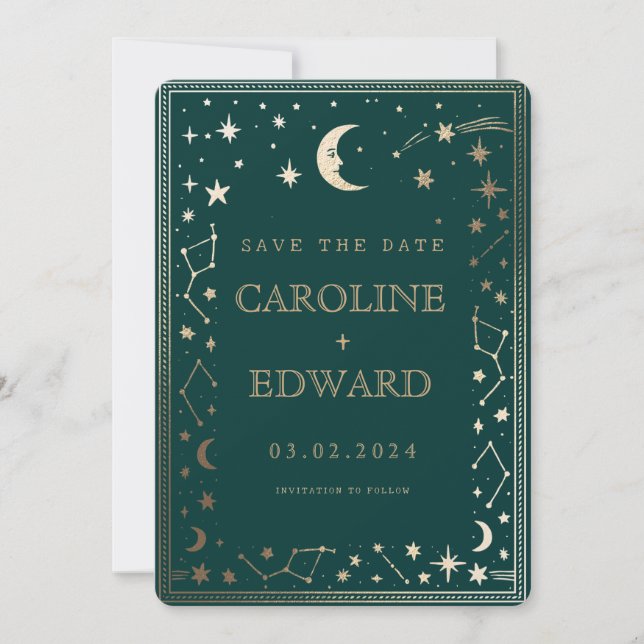 Gold Sterne Mond Himmel Qr Code Save the Date (Vorderseite)