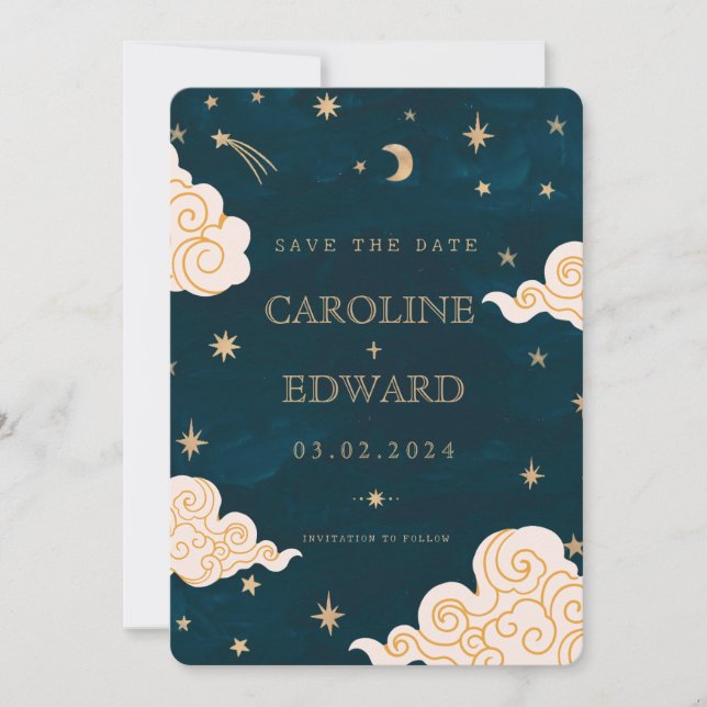Gold Sterne Mond Himmels Qr Code Termin speichern Save The Date (Vorderseite)