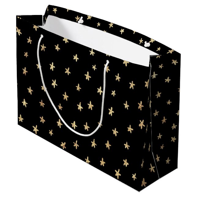 Gold Sterne Muster Black Large Gift Bag Große Geschenktüte (Rückseite Schrägansicht)
