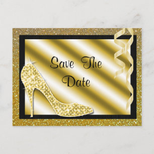 Gold Stiletto & Streamers 50. Save the Date Ankündigungspostkarte