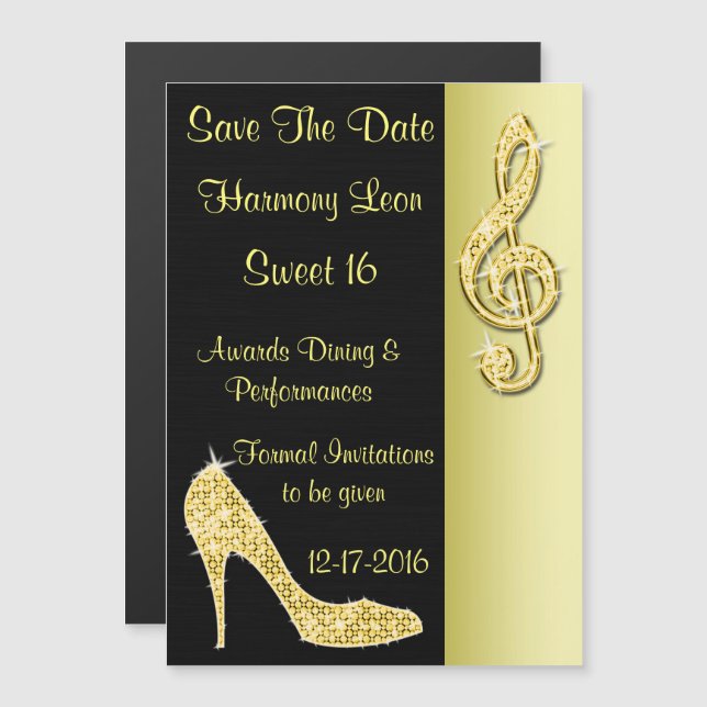 Gold Stiletto & Treble Cleft 16. Magneteinladung (Vorne/Hinten)