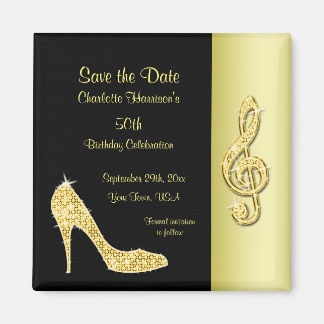 Gold Stiletto & Treble Cleft 50. Save the Date Magnet (Vorne)