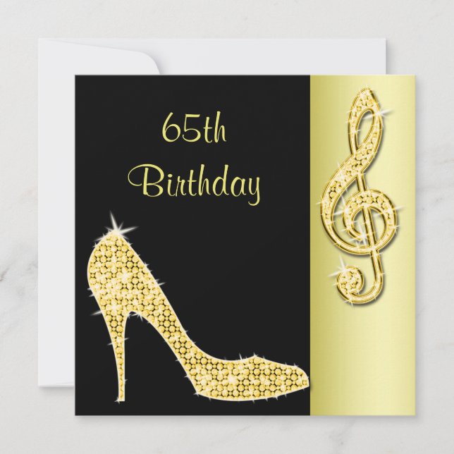 Gold Stiletto & Treble Cleft 65. Geburtstag Einladung (Vorderseite)
