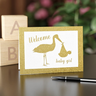 Gold Stork Welcome Girl Baby Glückwunschkarte Folienkarte