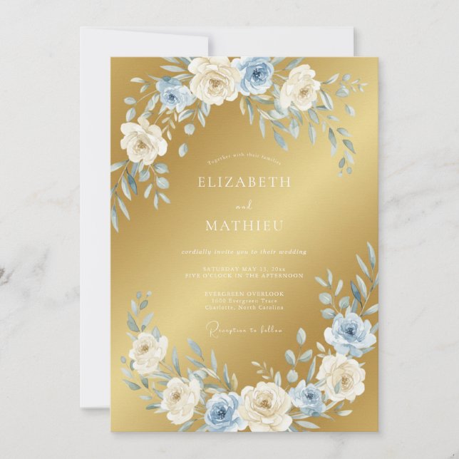 Gold strahlender staubblauer Hochzeit Einladung (Vorderseite)