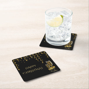 Gold Streamer & Champagner Weihnachten Rechteckiger Pappuntersetzer