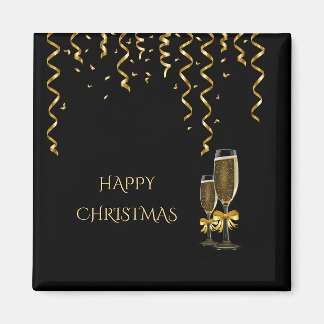 Gold Streamers & Champagner Weihnachten Magnet (Vorne)