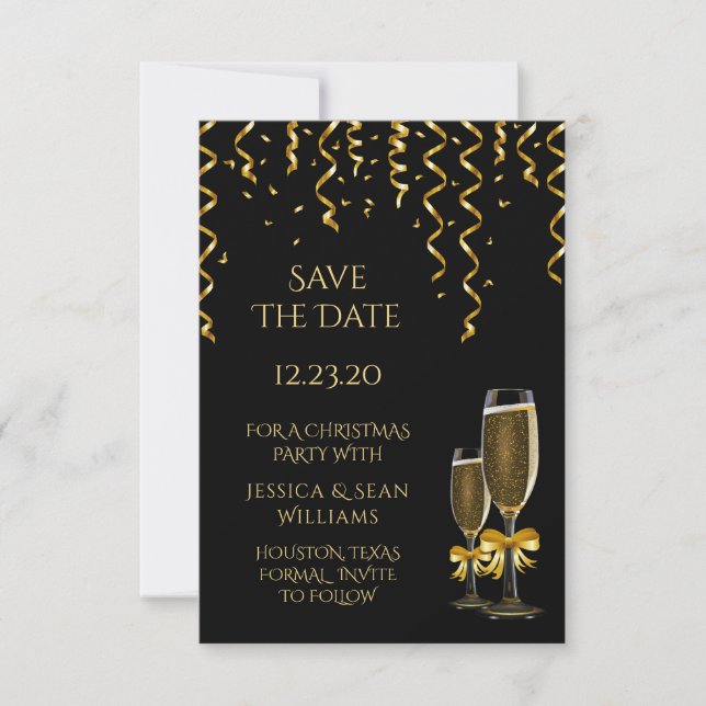 Gold Streamers & Champagner Weihnachten Save The Date (Vorderseite)
