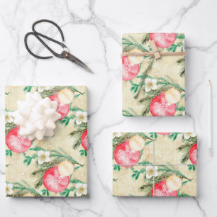 Gold Streifen Rosa Weihnachtsbälle Geschenkpapier Set