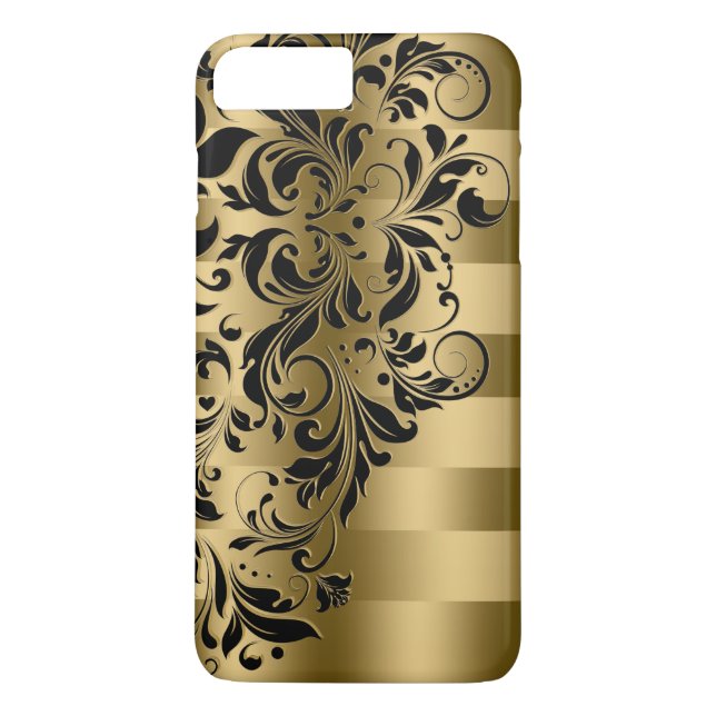 Gold Streifen und schwarze Blumen Case-Mate iPhone Hülle (Rückseite)