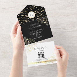 Gold String Lights Rustic Black Wedding All In One Einladung