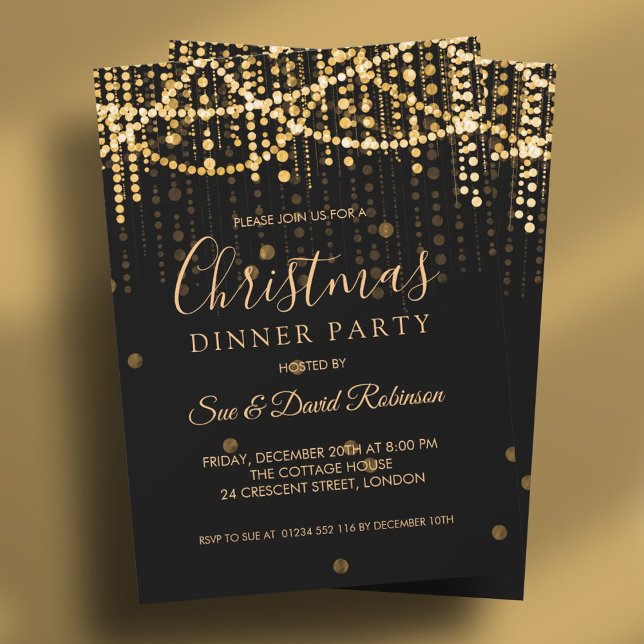 Gold String Lights Weihnachtsfest Abendessen Party Einladung (Gold String Lights Christmas Holiday Dinner Party Invitation)